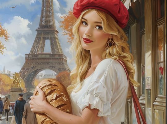 パリジェンヌのエレガントで洗練された魅力を感じさせるメタ記述。金髪の美しい姿がセーヌ川のほとりを歩き、遠くにエッフェル塔が見えます。