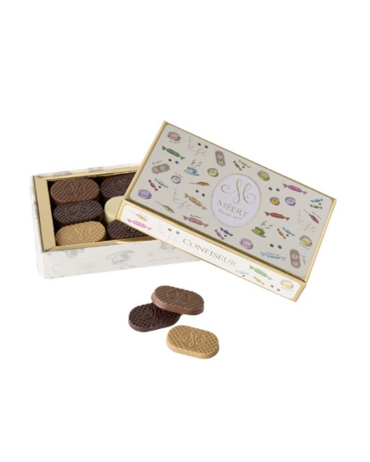 サクサク食感のゴーフレットを、ビター・ミルク・ホワイト・ドゥルセの4種チョコでコーティング。上品な100g、ギフトにも最適。